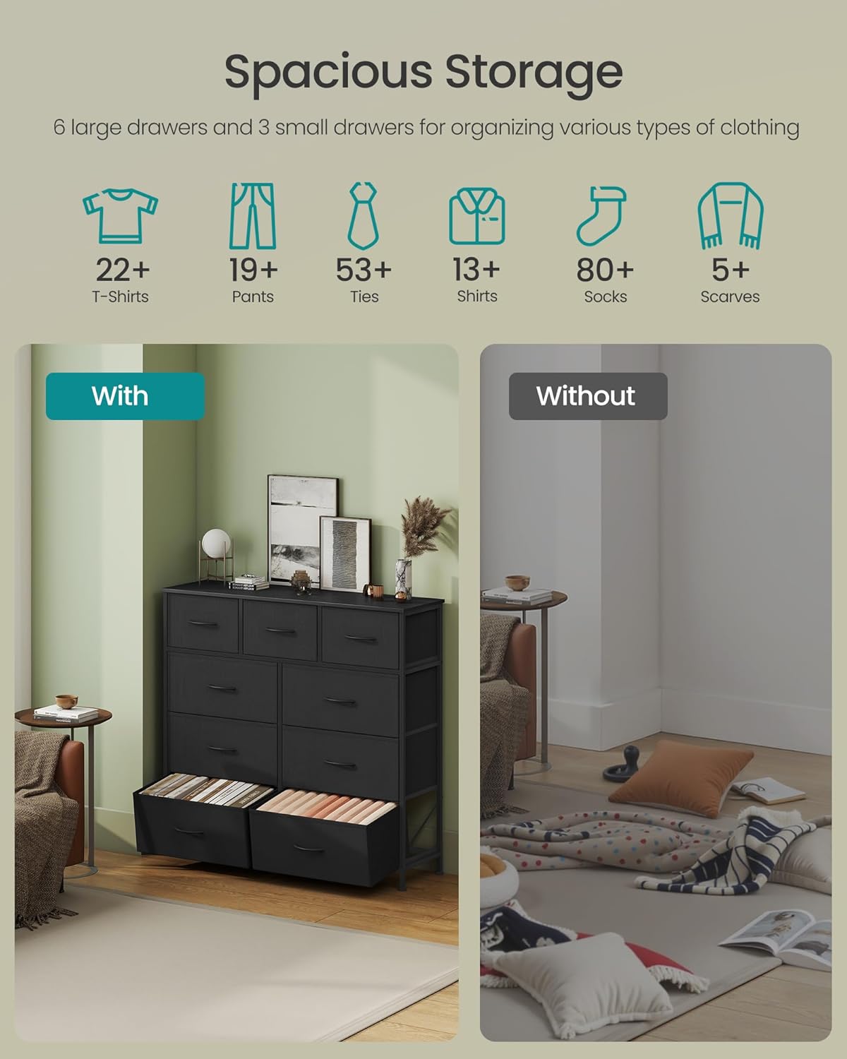 SONGMICS Dresser for Bedroom, Chest of Drawers, Steel, MDF, 9 Non-Woven Fabric Drawers, Storage Organizer Unit, Closet, Entryway, Ink Black and Ebony Black LGS324B01S