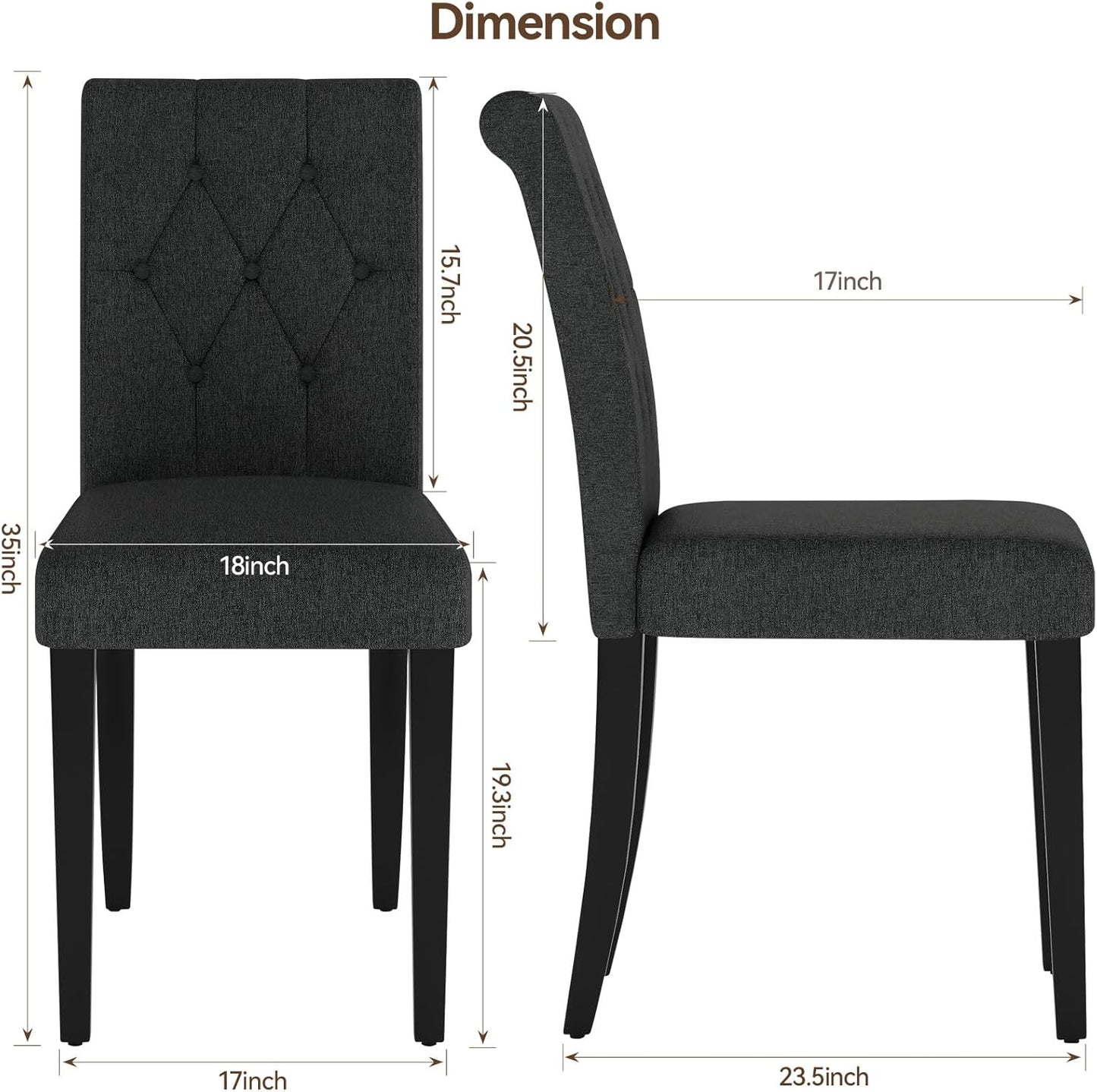 Upholstered Dining Chairs Set of 2, Button Tufted Parsons Dining Chair with Solid Wood Legs, Modern Fabric Side Chair for Dining Room/Kitchen/Restaurant/Hotel- Black