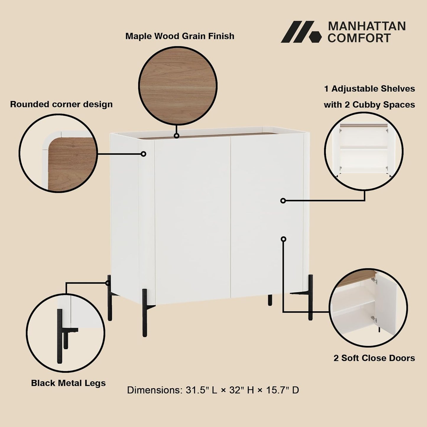 Manhattan Comfort Abbey Accent Cabinet with Doors, Tray Top Design and Adjustable Shelves, Sleek Modern Storage Furniture for Dining Area, Living Room, Bedroom, Entryway, Maple and Off White