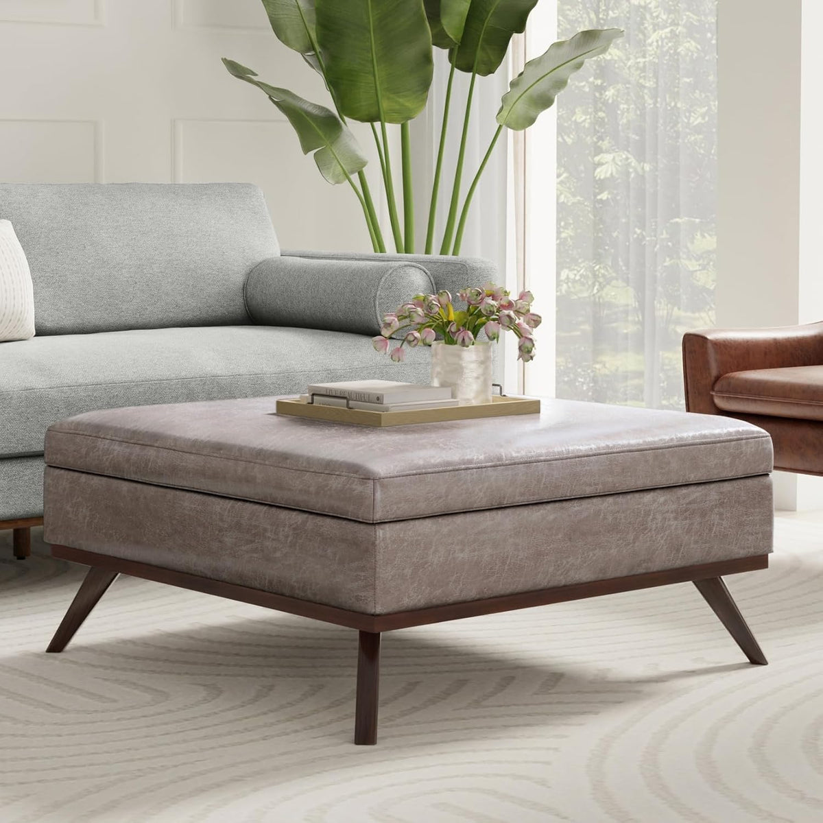 SIMPLIHOME Owen 40 inch Wide Mid Century Modern Square XL Coffee Table Storage Ottoman in Distressed Grey Taupe Vegan Faux Leather, Assembled, for The Living Room, Entryway and Family Room