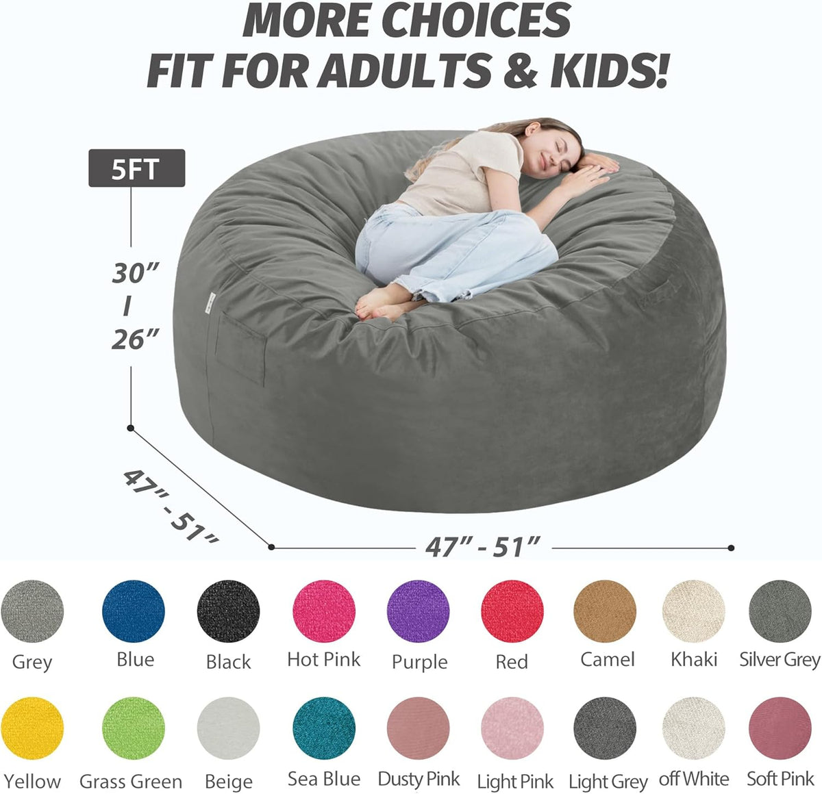 5FT Bean Bag Chair with Ultra Soft Velvet Cover Bean Bag Sofa with Memory Foam Bean Bag Chairs with Large Size Lazy Sofa for Dorm Office Living Room Bedroom Light Grey 5'