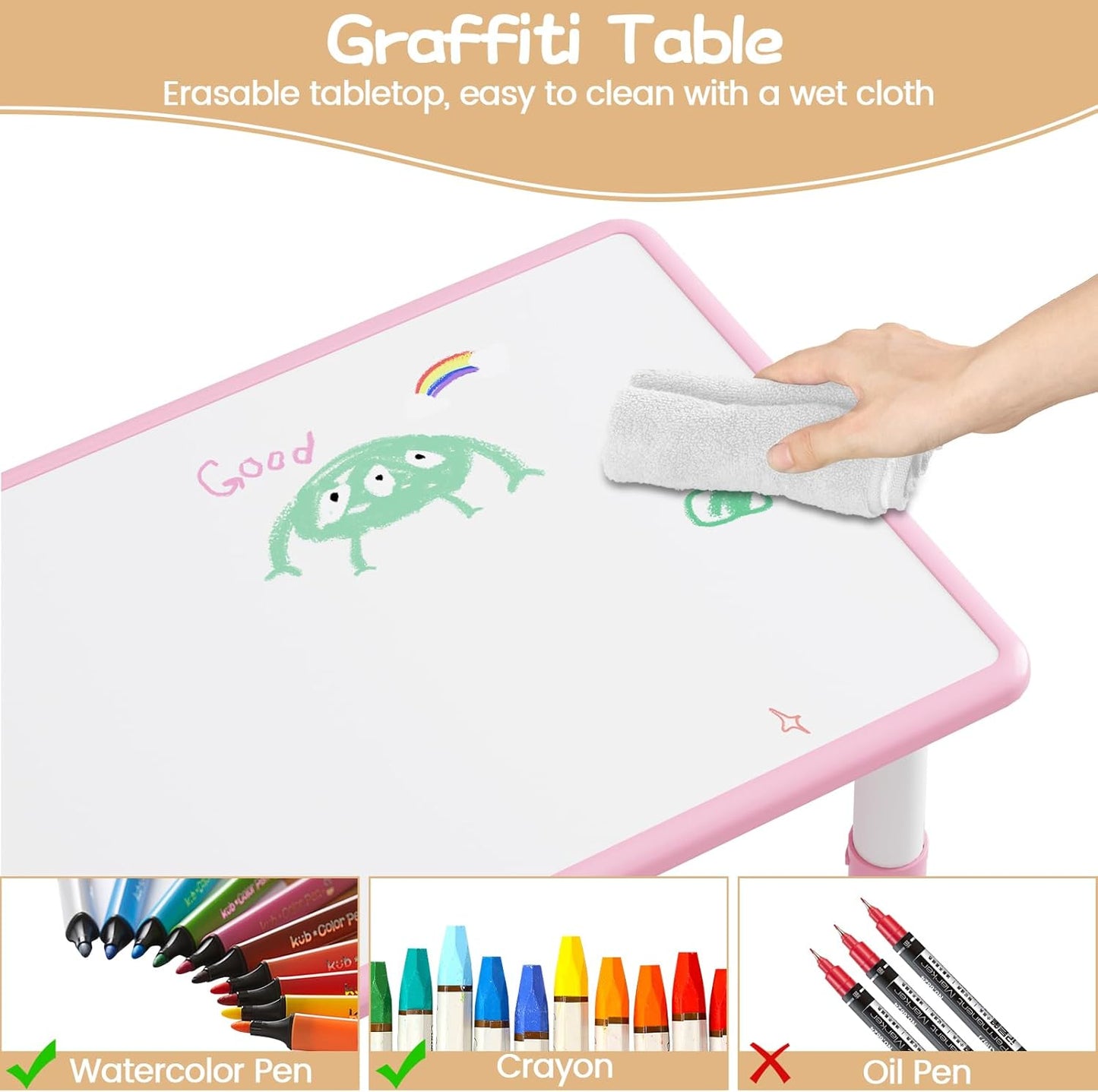 GarveeHome Kids Table and 6 Chairs Set, Height Adjustable Toddler Table and Chair Set, Graffiti Desktop, Children Study Play Dinner Table for Home Daycare Preschool for Ages 2-8, Pink