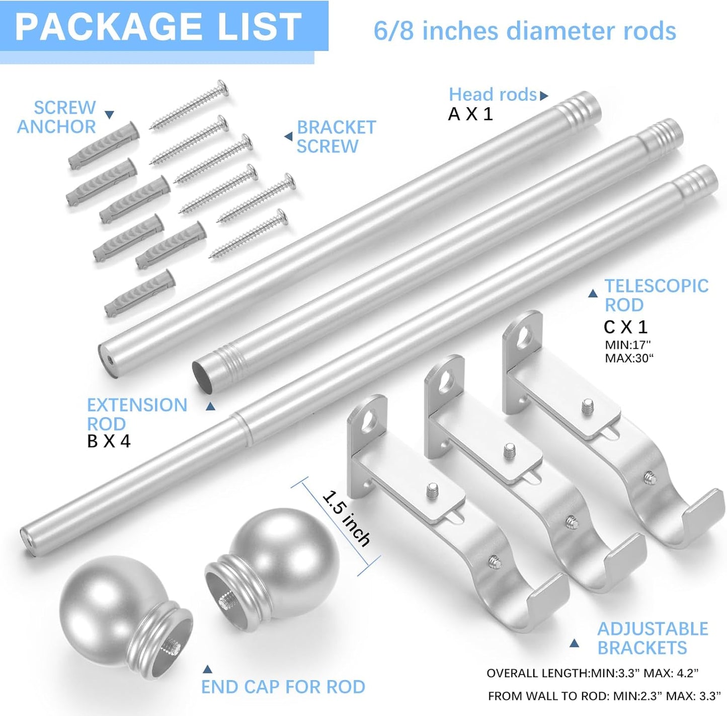 Curtain Rods for Windows 16 to 92 Inches, Curtain Rod Max Adjustable Length of 104 IN, 6/8" Diameter Drapery Rods Round Finials, Satin Silver, Pack of 1