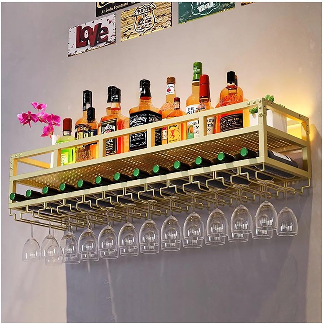 LED Wine Rack Wall Mounted, Industrial Metal Wall Wine Shelf & Glass Holder, Large Floating Shelves Wine Bottle Storage Display Rack for Home Bar Dining Room Decor(Gold, 31.5 x 9.8 x 10.6 inch)
