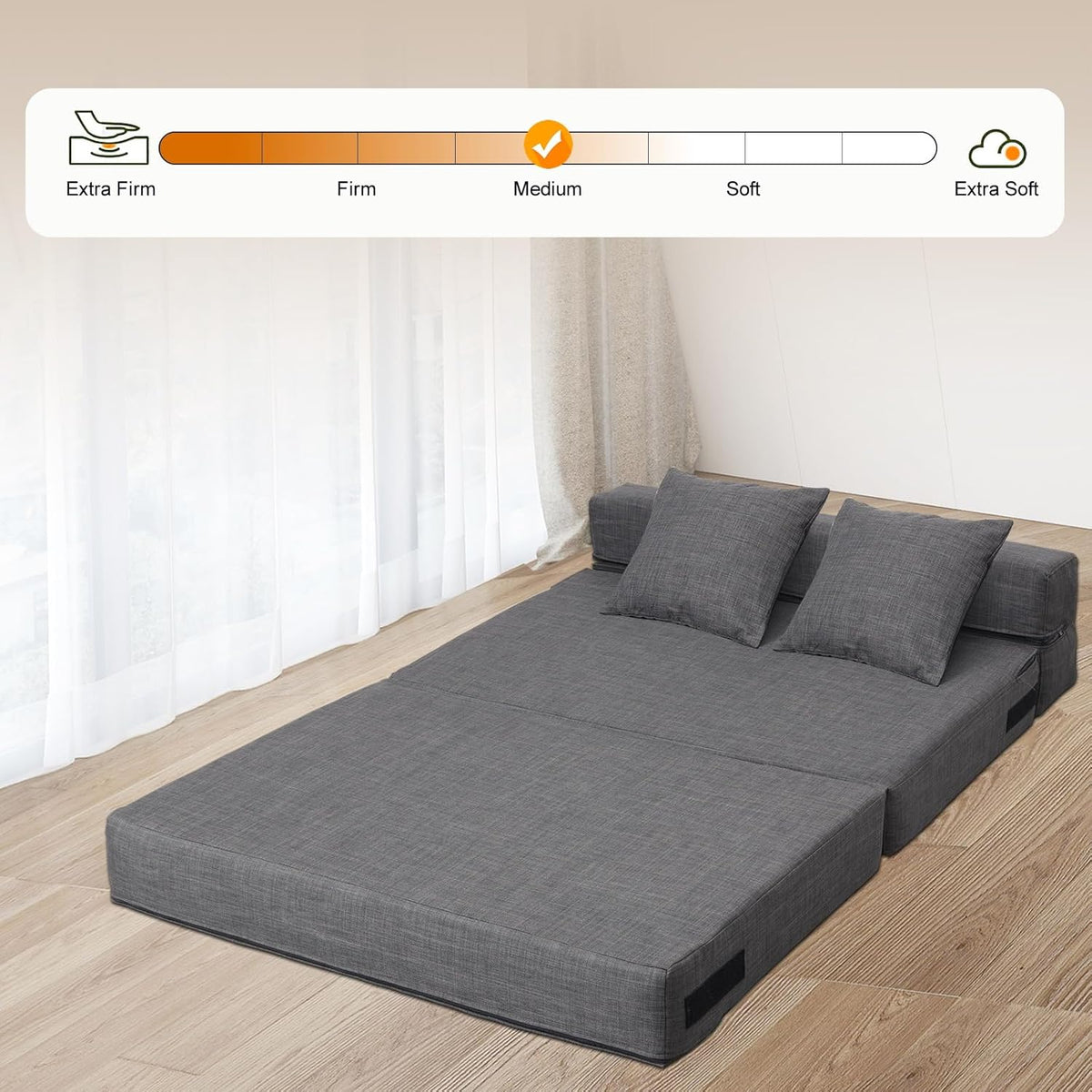Queen Size Folding Sofa Couch Memory Foam with 2 Pillows Sleeper Chair Lazy Couch Triple Futon Convertible Guest Beds, Washable Cover,Dark Gray