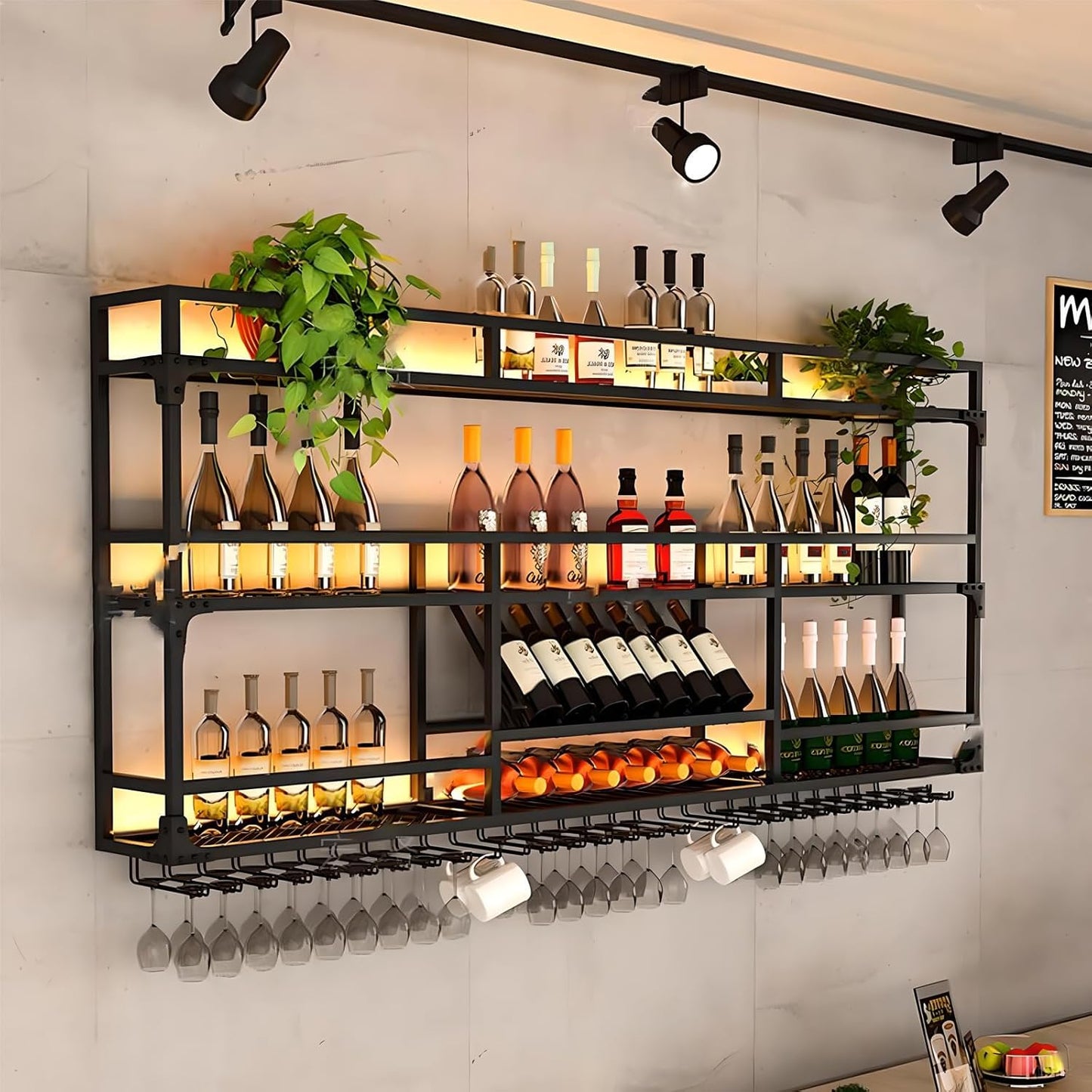 Metal Wall-Mounted Wine Rack with LED Light - 3 Tier Wine Storage Display Rack with Glass Holder - Space-Saving Bottle Display Shelf for Home Bars, Dining Rooms(Black, 79in/200cm)