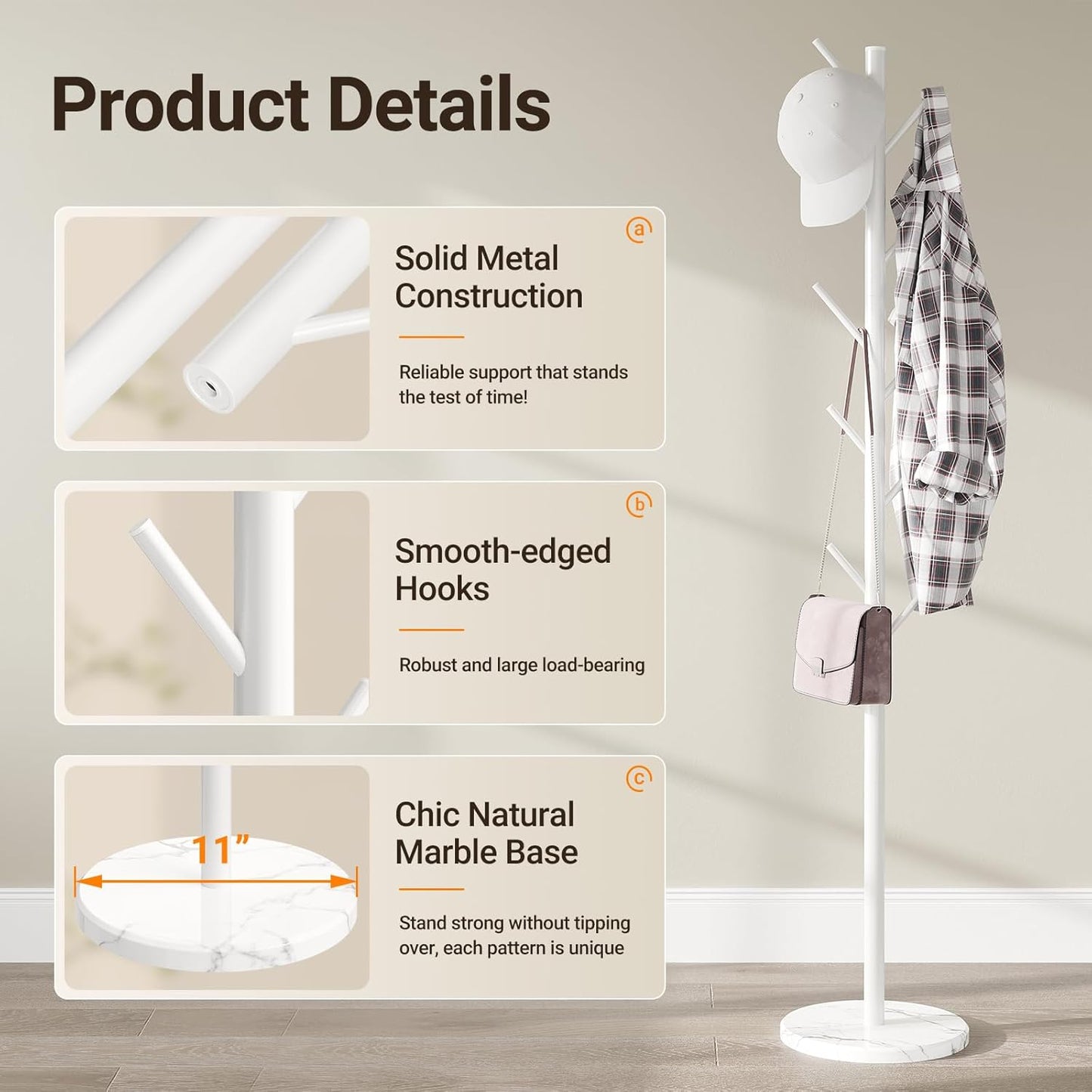 ELYKEN Coat Rack Freestanding with Natural Marble Base, Metal Coat Rack Stand with 10 Hooks, 3 Adjustable Size Coat Tree for Bags, Clothes, and Hats for Entryway, Bedroom, Hallway, Office, White