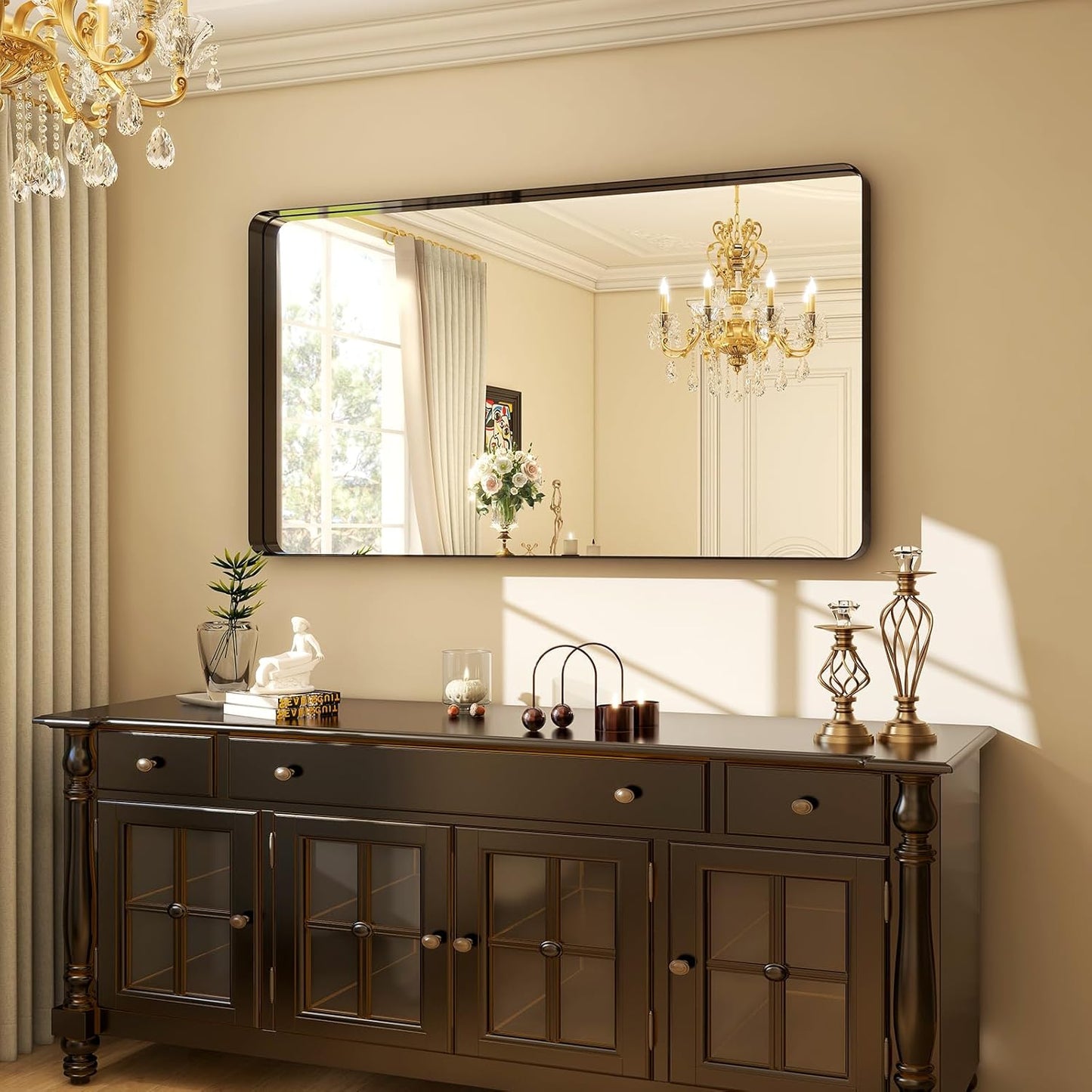 48"x30" Black Bathroom Mirror - Modern Black Mirror for Wall with Rounded Corners, Bathroom Mirrors for Vanity, Aluminum Alloy Framed Mirror Portrait or Landscape Hang