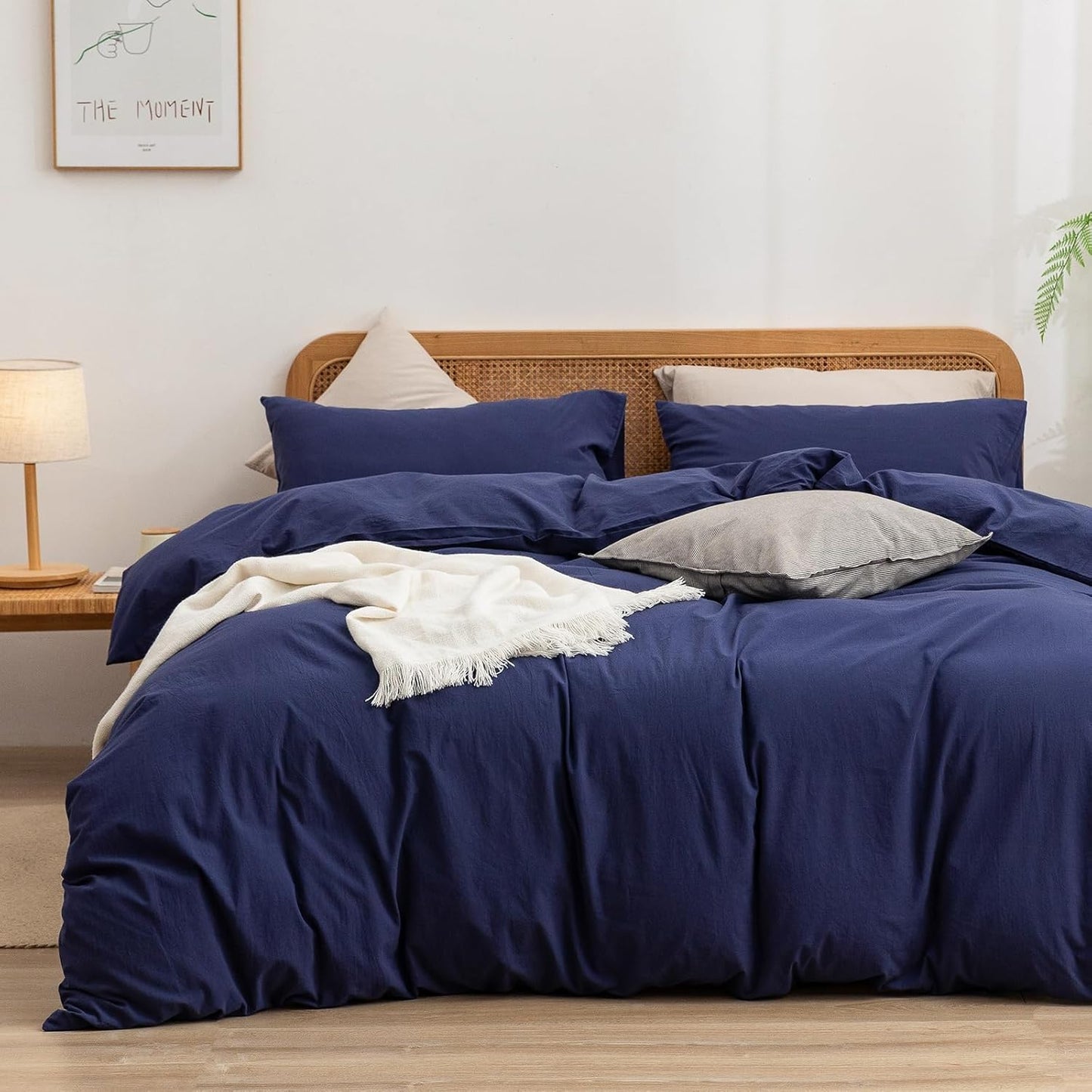 BESTOUCH Duvet Cover Set 100% Washed Cotton Linen Feel Super Soft Comfortable Chic Lightweight 3 PCs Home Bedding Set Solid Navy Blue Super King