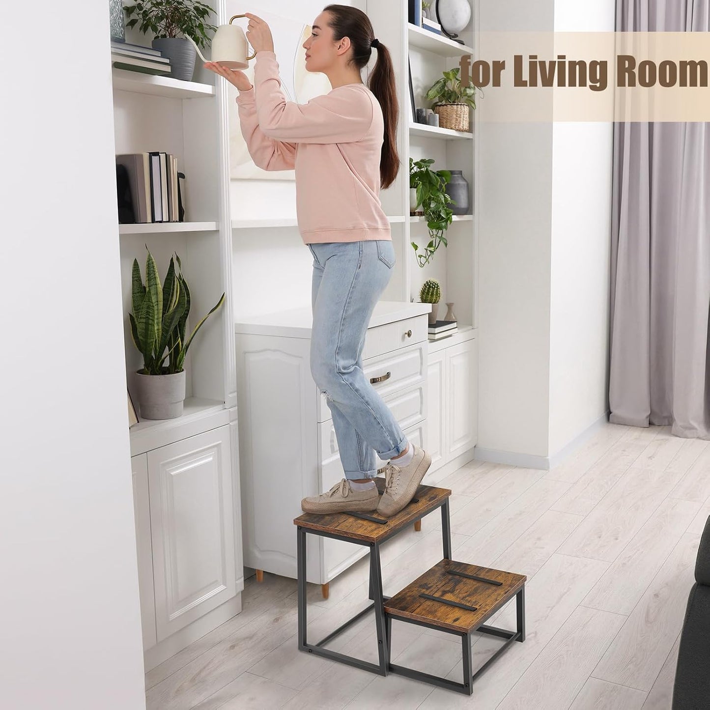 Vrisa Wood Step Stool for Adults Bedside Steps for High Beds Two Step Stools with 550Lbs Load Capacity Heavy Duty RV Stepping Stool for Kitchen Bedroom Living Room, Rustic Brown