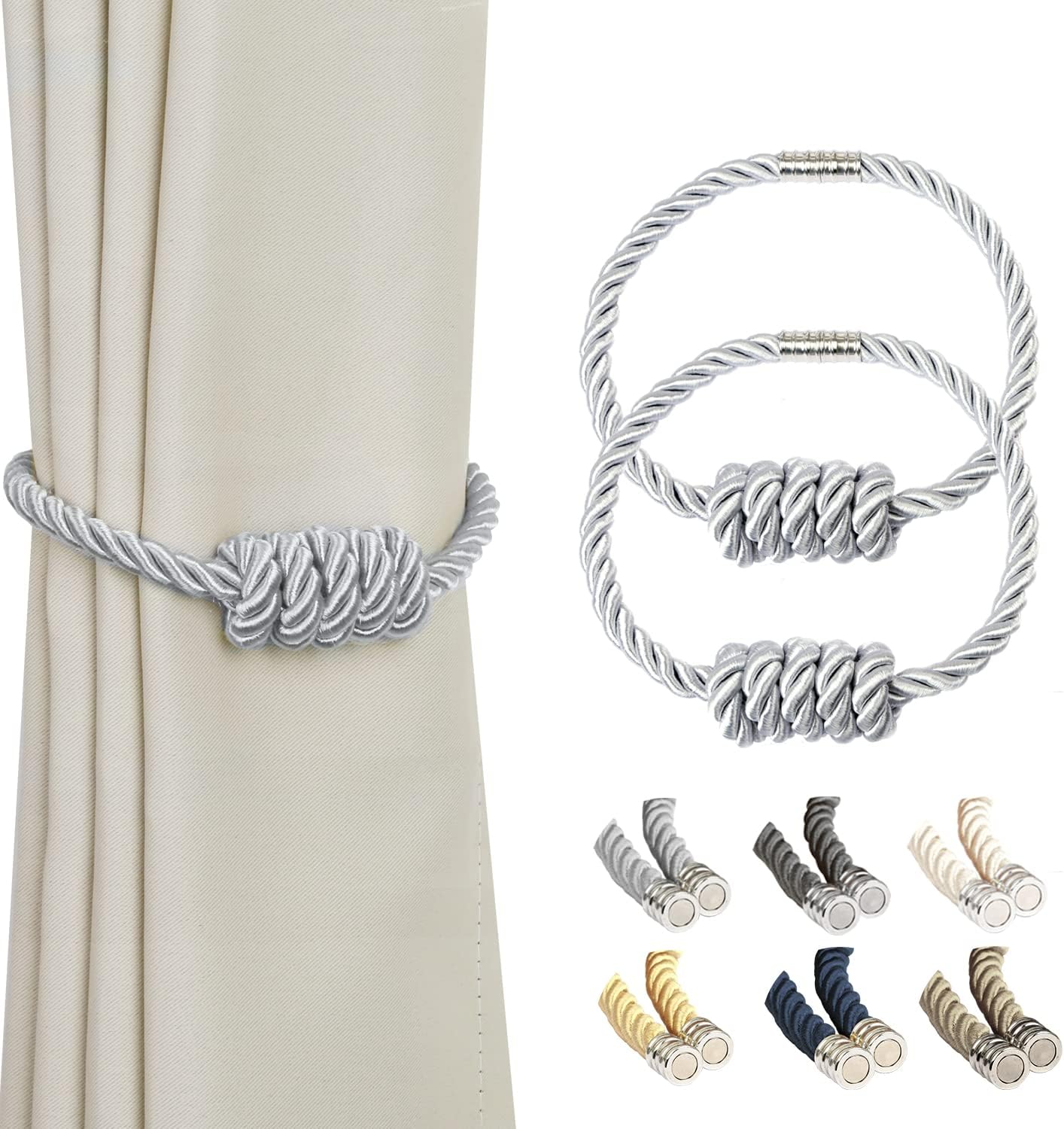 BEL AVENIR Magnetic Curtain Tiebacks, Decorative Drapery Holdbacks Modern Woven Tie-Backs with Exquisite Knot (Sliver, 2 Pack)