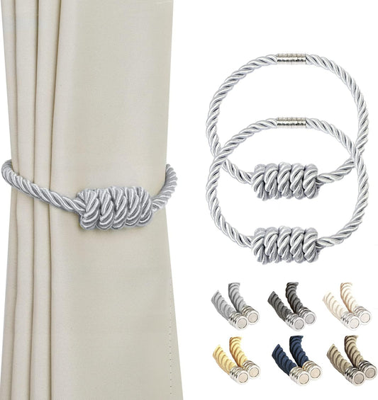 BEL AVENIR Magnetic Curtain Tiebacks, Decorative Drapery Holdbacks Modern Woven Tie-Backs with Exquisite Knot (Sliver, 2 Pack)
