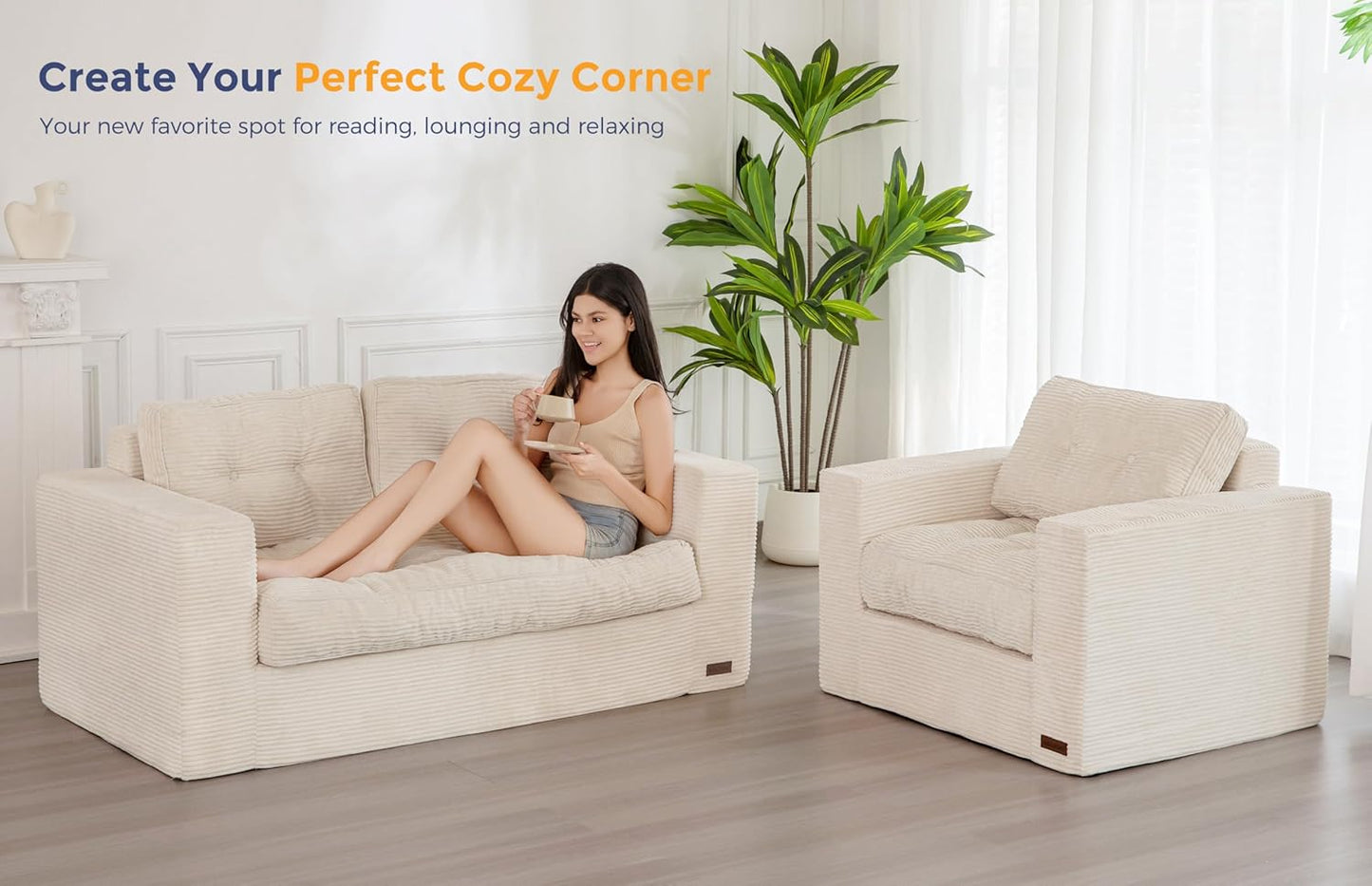 MAXYOYO Bean Bag Chair for Adults, Upholstered Floor Sofa with Armrests, Loveseat Boneless Couch with Tufted Cushion & Backrest, Sofa in A Box, Large Bean Bag Couch for Bedroom Living Room, Beige