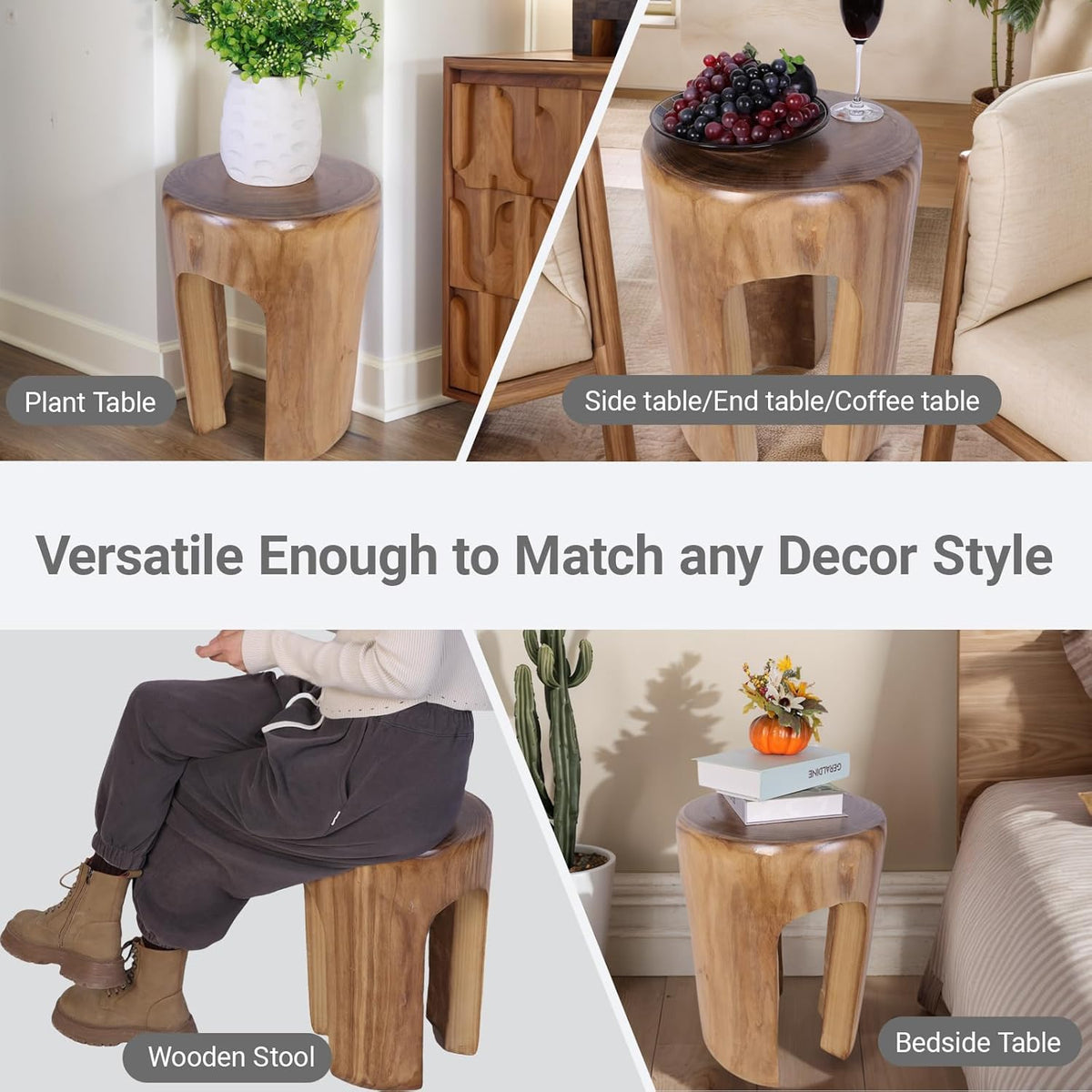 Athaliah Rustic Wood Side Table, 17.75”H Tree Stump End Table, Round Wooden Stool for Living Room, Bedroom, Garden, Patio, Lawn, Home Decor
