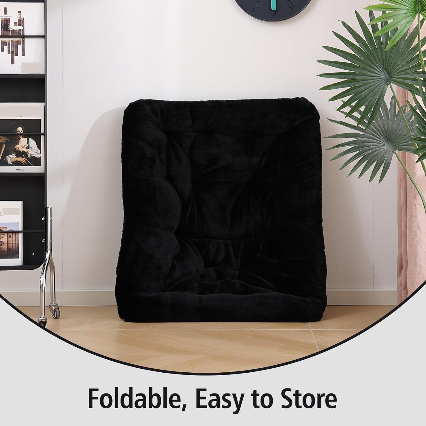 Welnow Comfy Saucer Chair with Ottoman, Oversized Folding Reading Chair for Adults with Throw Pillow Soft Faux Fur Lounge Chair for Bedroom Furry Accent Chair for Living Room, Dorm Rooms, Black