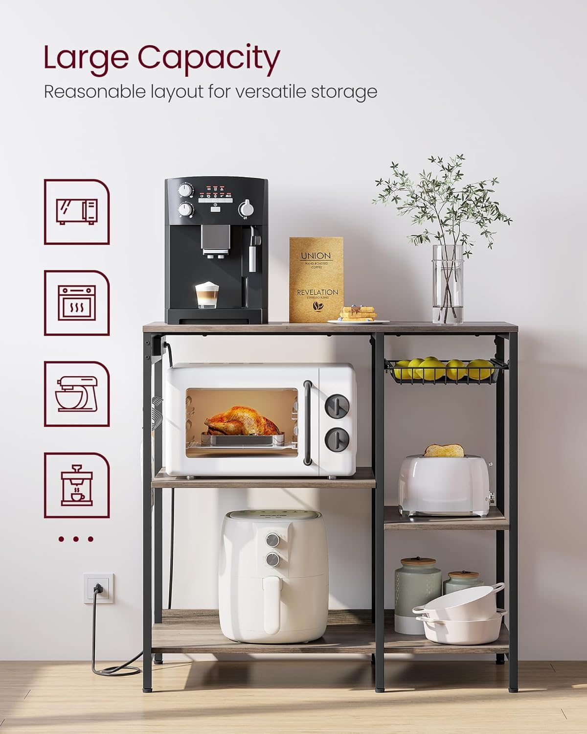 VASAGLE Baker's Rack, Coffee Bar Stand with Charging Station, Storage Shelves, Pull-Out Wire Basket, Table for Microwave, Kitchen, Greige UKKS036K02, 15.7 x 35.4 x 35.6 Inches