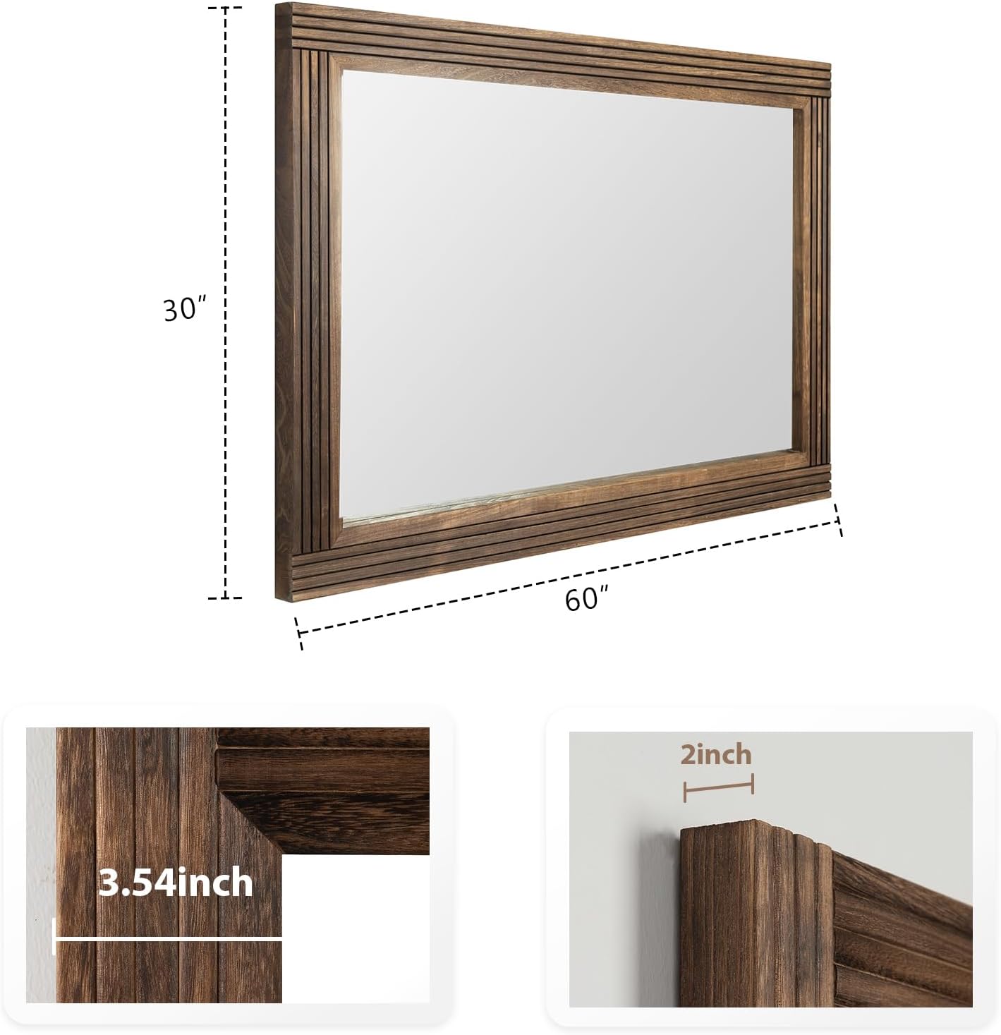 YOSHOOT Hand-Made Wooden Spliced Wall Mirror for Bathroom, Rustic Farmhouse Vanity Mirror, Décor Wall Art, Solid Wood Frame, Vertical or Horizontal Hanging, 60" x 30", Brown