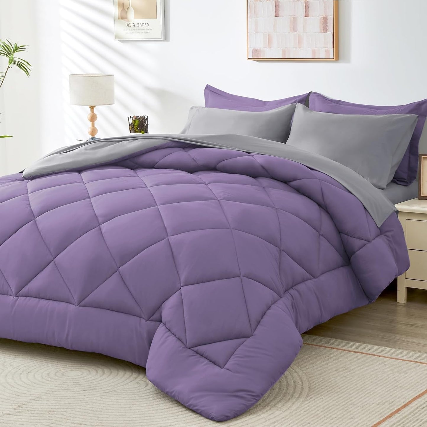 HEVUMYI Twin-XL Comforter Set - 5-Piece All Season Bed in a Bag Twin-XL, Ultra Soft Bedding Set with Comforter, Flat Sheet, Fitted Sheet, Pillowcases, Pillow Shams, Purple & Light Grey