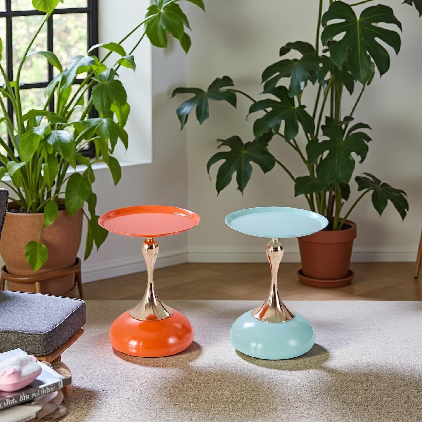 Stylish Hourglass Side Table - Contemporary Design for Living Rooms, Cafes, Dining Areas, Bedrooms, and Outdoor Spaces - Perfect Accent Piece for Any Decor (2, Light Green+Hermes Orange)