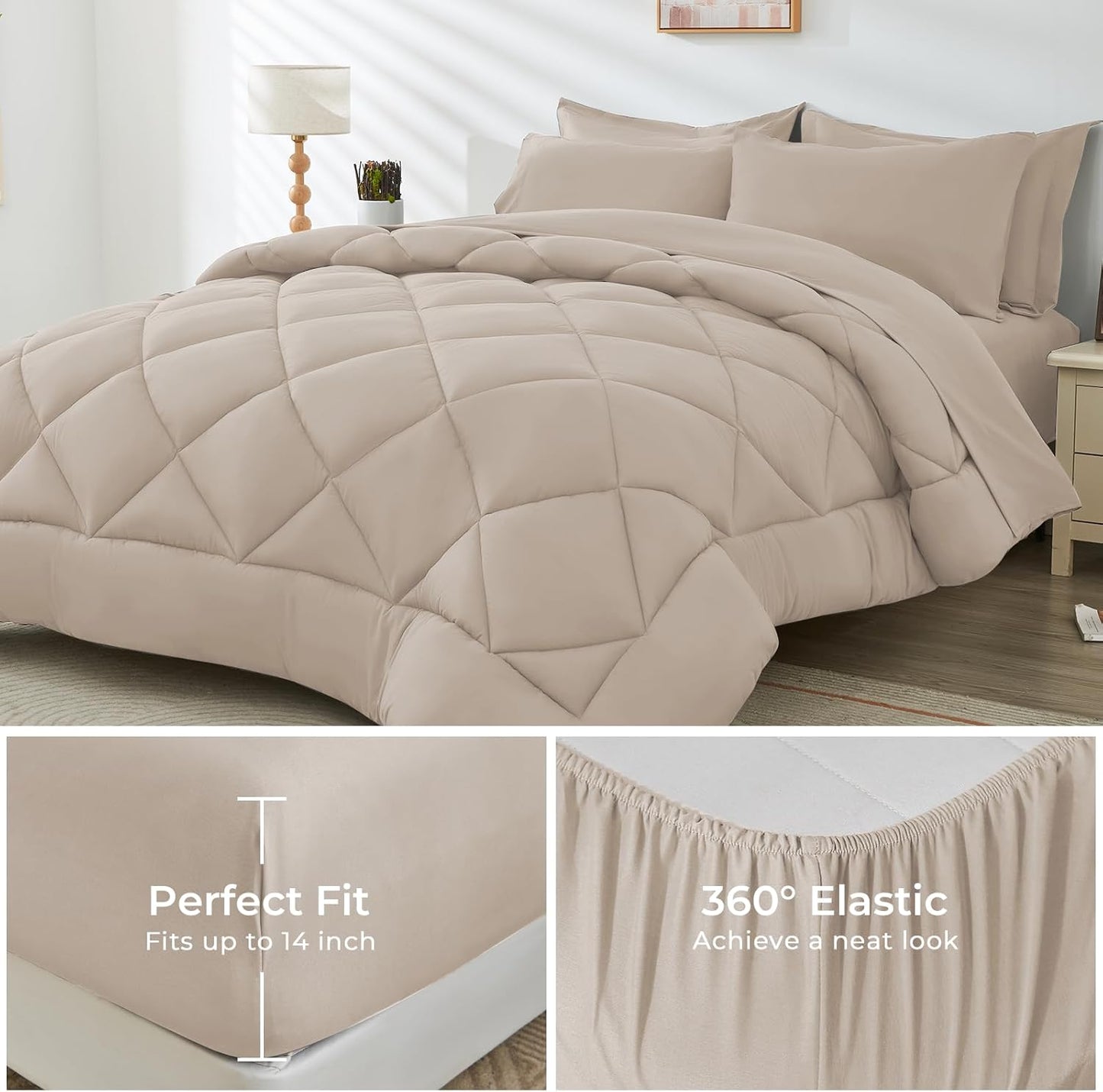 HEVUMYI Khaki Twin Comforter Set - 5-Piece All Season Bed in a Bag Twin, Ultra Soft Bedding Set with Comforter, Flat Sheet, Fitted Sheet, Pillowcases, Pillow Shams