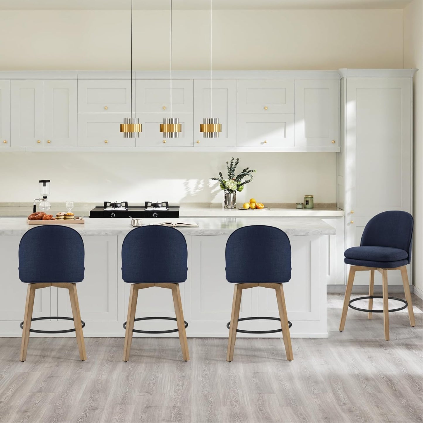 Counter Height Barstools 26 inch Upholstered Swivel Bar Stools with Back and Wood Legs for Kitchen Island,Set of 3,Blue Fabric-Armless