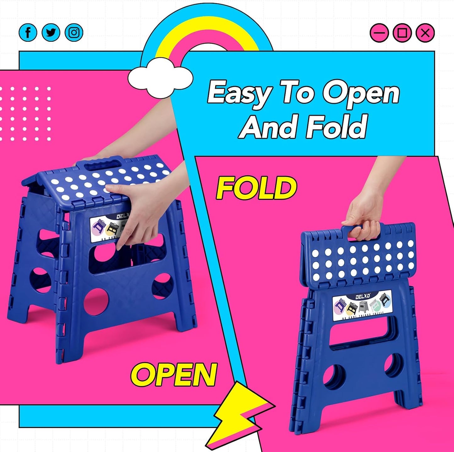 Delxo Folding Step Stool, 13 inch Non-Slip Foldable Stools Up to 300 LBS, Step Stool with Handle, Lightweight for Kitchen, Bathroom, Bedroom, Garden, Blue, 1PC