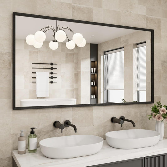 Rectangle Bathroom Mirror 55x30 Inch, Matte Black Framed, 4MM Tempered Glass, Anti-Rust, Wall-Mount Vanity Mirror for Bathroom & Bedroom, Hangs Horizontally or Vertically