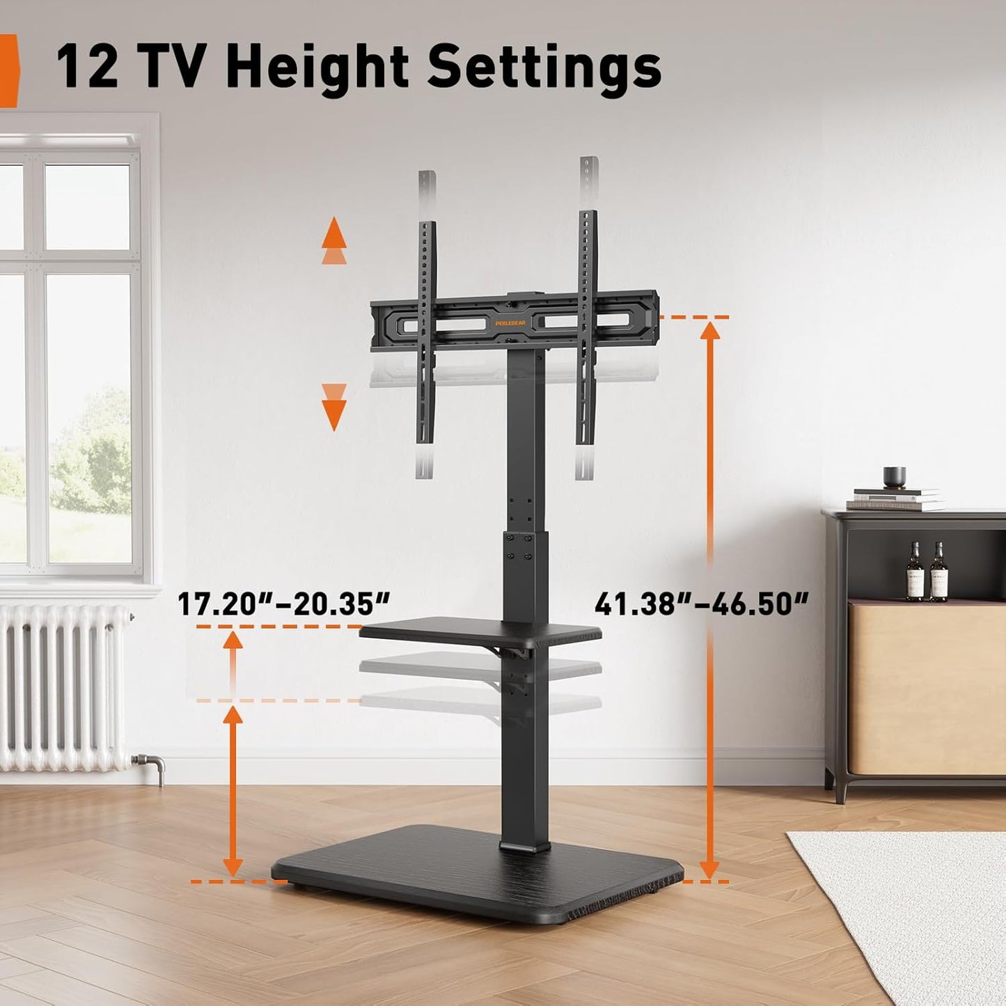 Perlegear Floor TV Stand with Power Outlet, Universal TV Stand for 32-75 inch TVs up to 110 lbs, Height Adjustable Standing TV Mount, Tall TV Mount with Wood Base, Max VESA 600x400mm, PGFS06