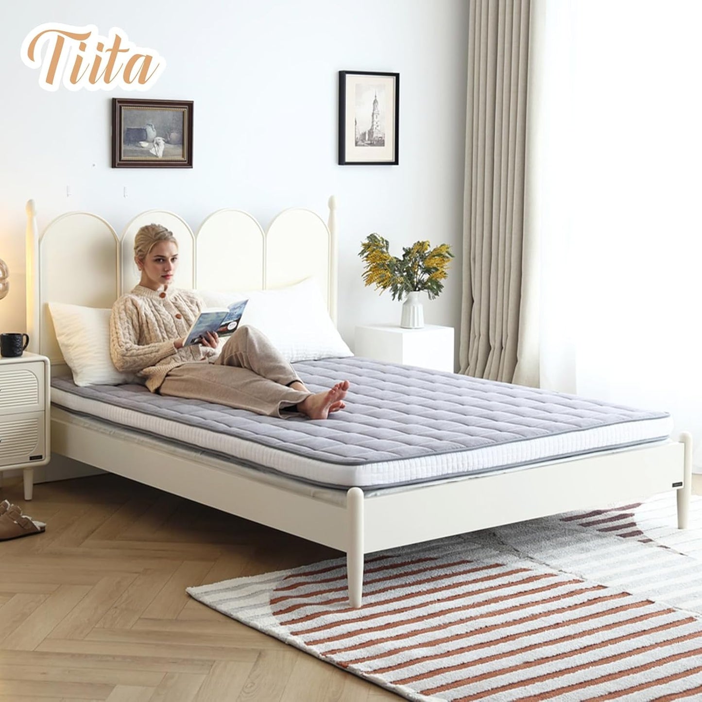 Tiita Japanese Floor Mattress Futon Mattress 4” Thick Folding Roll Up Sleeping Pad with Bag & Strap, Bed Topper Mat for Guest, Lounger and Tavel, Gray,Twin Size