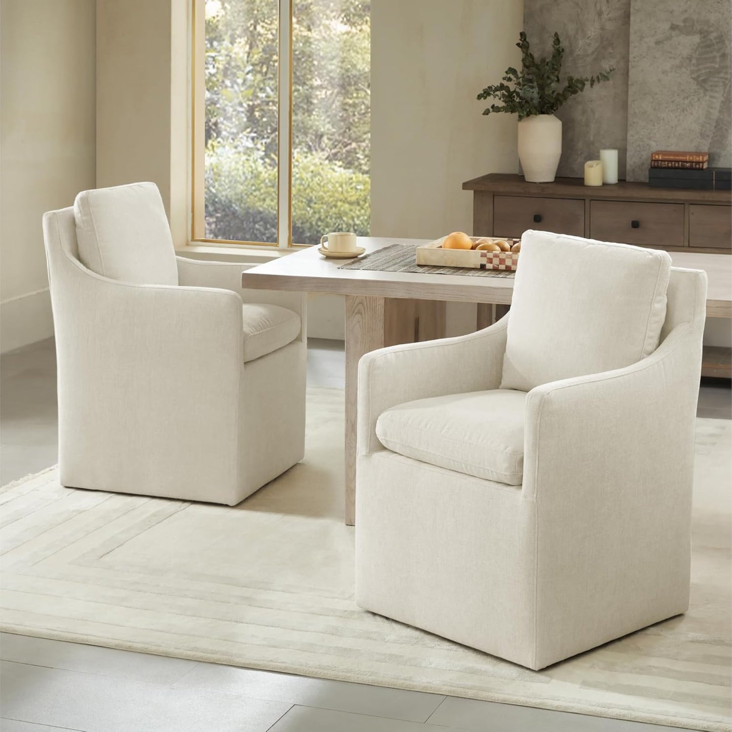 Upholstered Dining Chairs with Casters No Assembly Modern Accent Armchair with Rollers for Diningroom Bedroom Livingroom Reading Room,Cream,2 Boxs