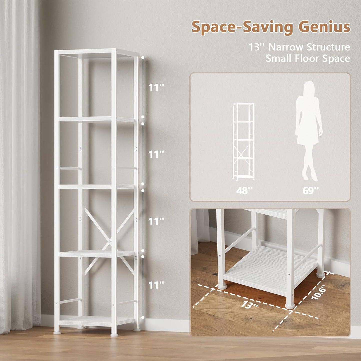 Furologee 5 Tier White Bookshelf, Tall Narrow Bookcase for Small Space, Modern Freestanding Shelf, Metal and Wooden Display Storage Shelves for Bedroom, Living Room, Office