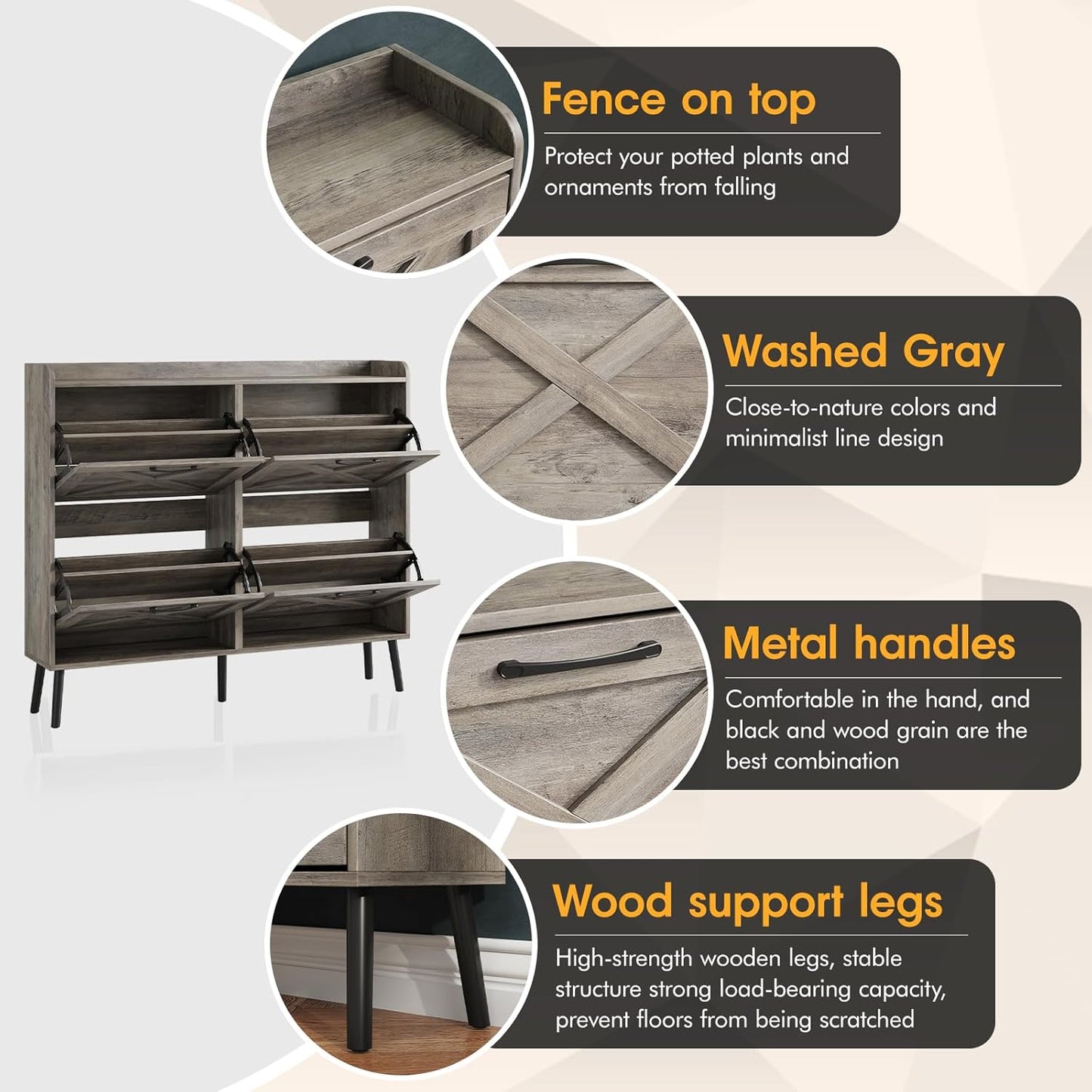 Maupvit Large Shoe Storage Cabinet with 4 Flip Drawers, Narrow Shoe Cabinet for Entryway with Wooden Legs, Freestanding Hidden Shoe Rack Organizer ＆ Metal Hinges, Washed Gray