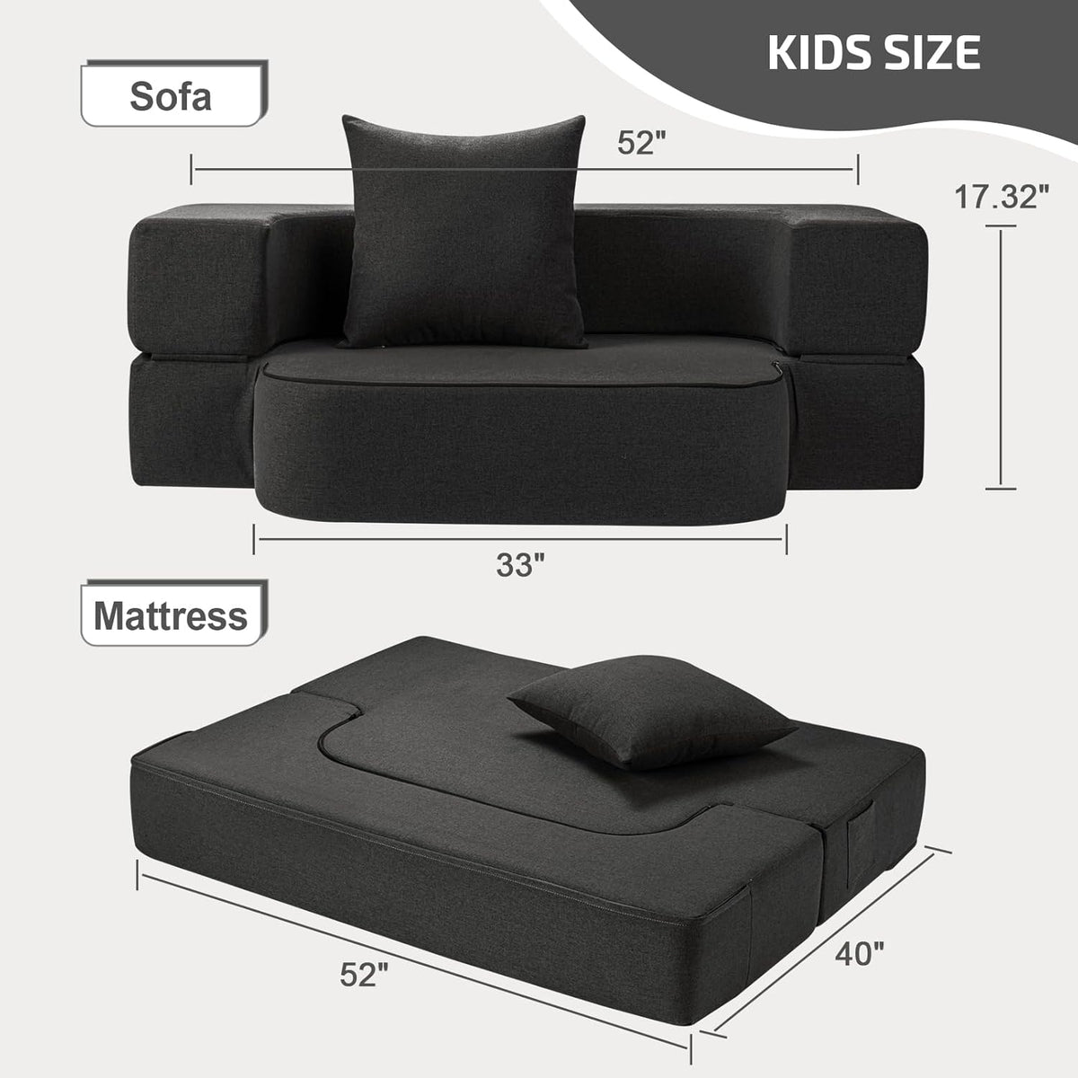 2-in-1 Folding Sofa Bed with Pillow - Folding Chair Floor Couch & Sleeping Mattress - Washable Cover & Memory Foam Sleeper Chair for Living Room/Guest Room/Apartment/Loft, Dark Gray
