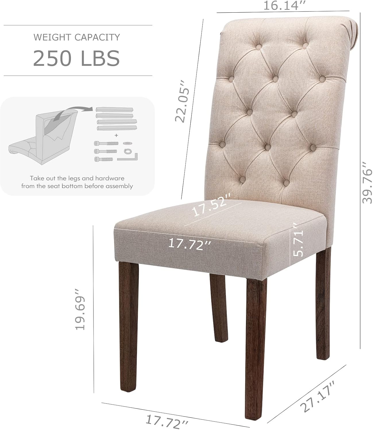 COLAMY Button Tufted Dining Chairs Set of 6, Accent Parsons Diner Chair Upholstered Fabric Dining Room Chairs Stylish Kitchen Chairs with Solid Wood Legs and Padded Seat - Dark Beige