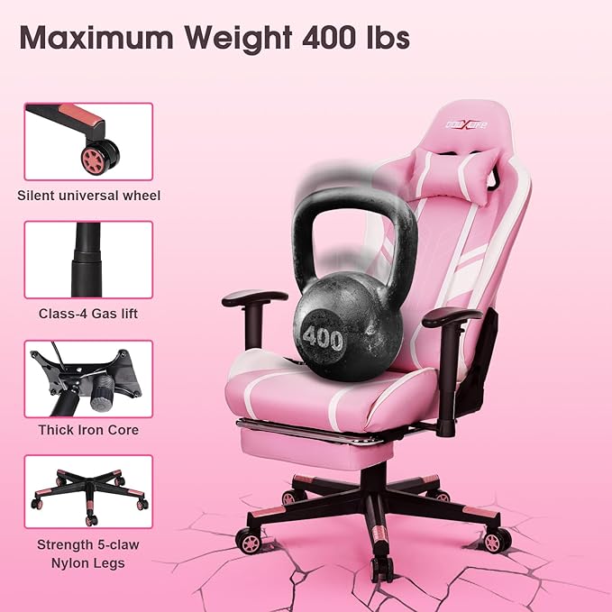 Douxlife Computer Gaming Chair with Footrest, Height Adjustable Game Chair for Adults 360°-Swivel Seat and Headrest and for Office or Gaming, Racing Style Pink and White