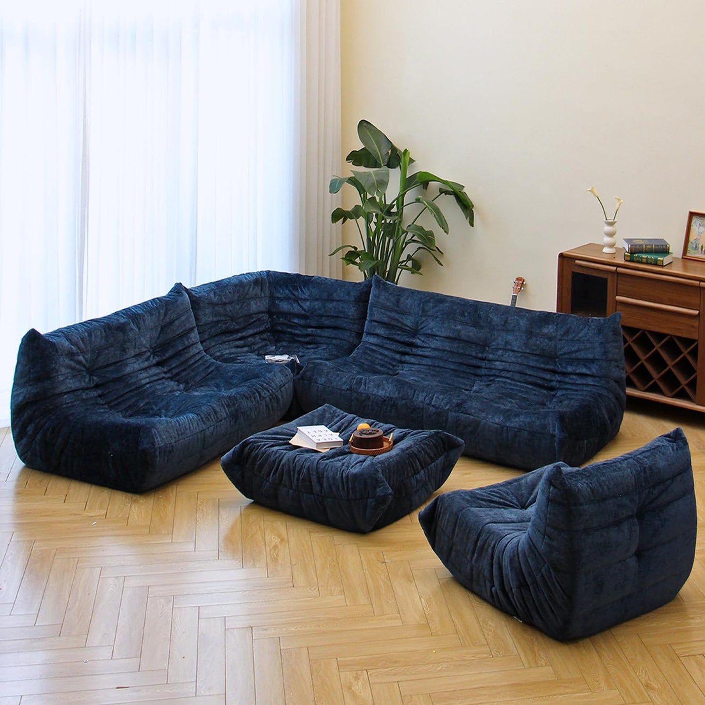 N&V Fireside Chair, Mid Century Armless Floor Sofa, Soft Premium Chenille Floor Lounge Chair, Foam Sofa Accent Chair for Living Room Bedroom and Office (Blue, Loveseat)