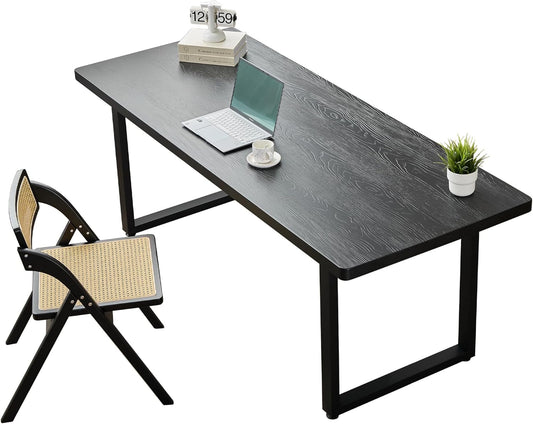 Modern Solid Wood Dining Table with Metal Base Stylish Durable Dining Room Table in Black Multiple Sizes Home Use Office Desk(70.87in)