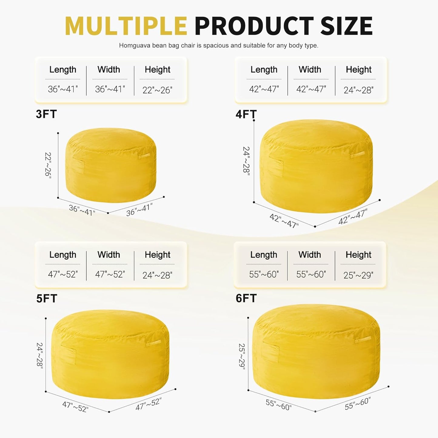 Homguava 4 FT Bean Bag Chair: 4' Bean Bags with Memory Foam Filled, Large Beanbag Chairs Soft Sofa with Dutch Velvet Cover-Mustard