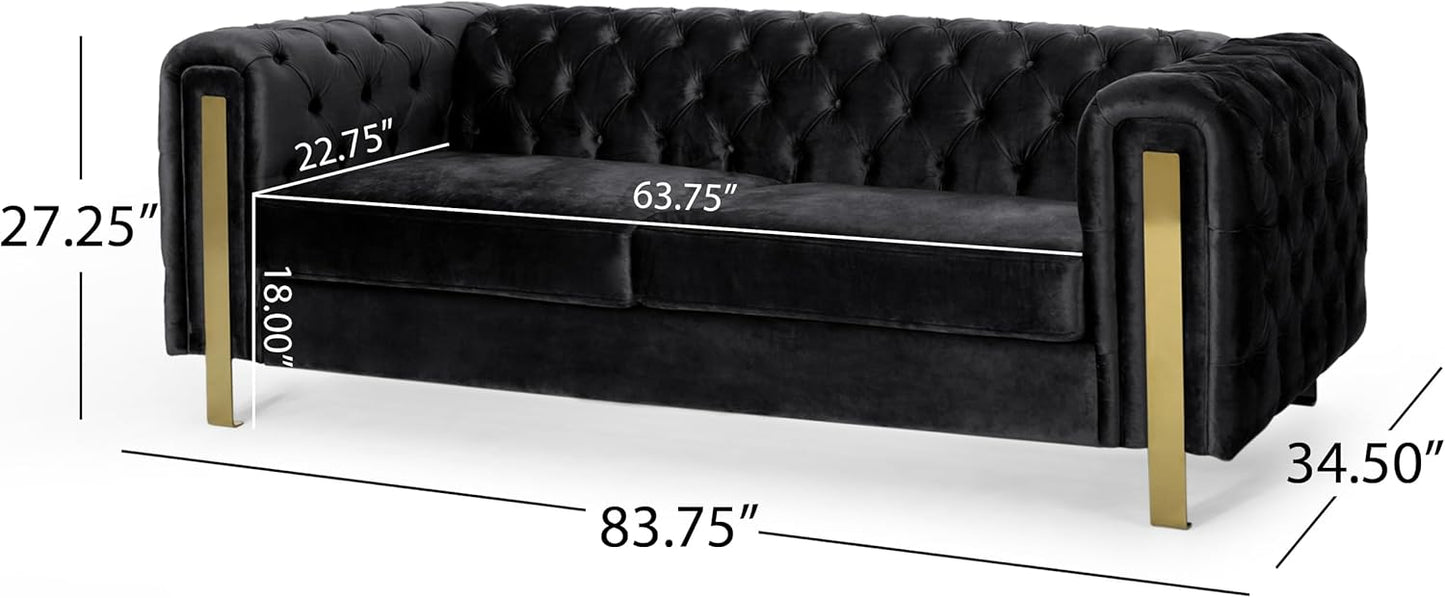 Merax Comfy 3-seat Sofa with Tufted Back and Arm and Gold Iron Legs, Modern Couch for Living Room, Bedroom, Apartment, Office, Black