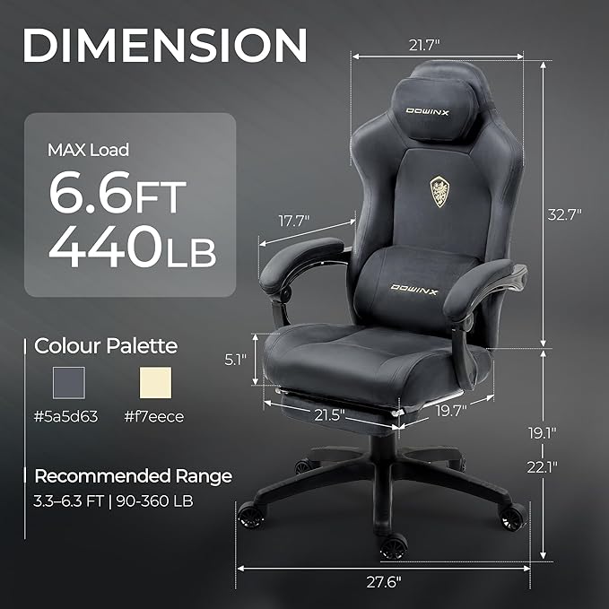 Dowinx Big and Tall Gaming Chair, Suede Fabric Game Chair with Pocket Spring Cushion, High Back Gamer Chair Ergonomic with Footrest for Adults Office, 440LBS, Grey