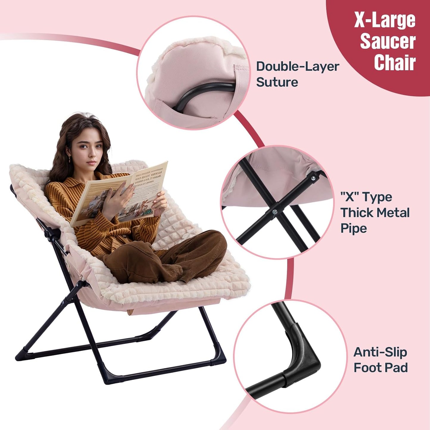 HollyHOME X-Large Saucer Chair, Comfy Oversized Folding Chair, Faux-Fur Reading Chair for Teens, Adults, Foldable Accent Chair, Metal Lounge Chair for Living Room, Bedroom, Dorm, Grid Champagne Pink