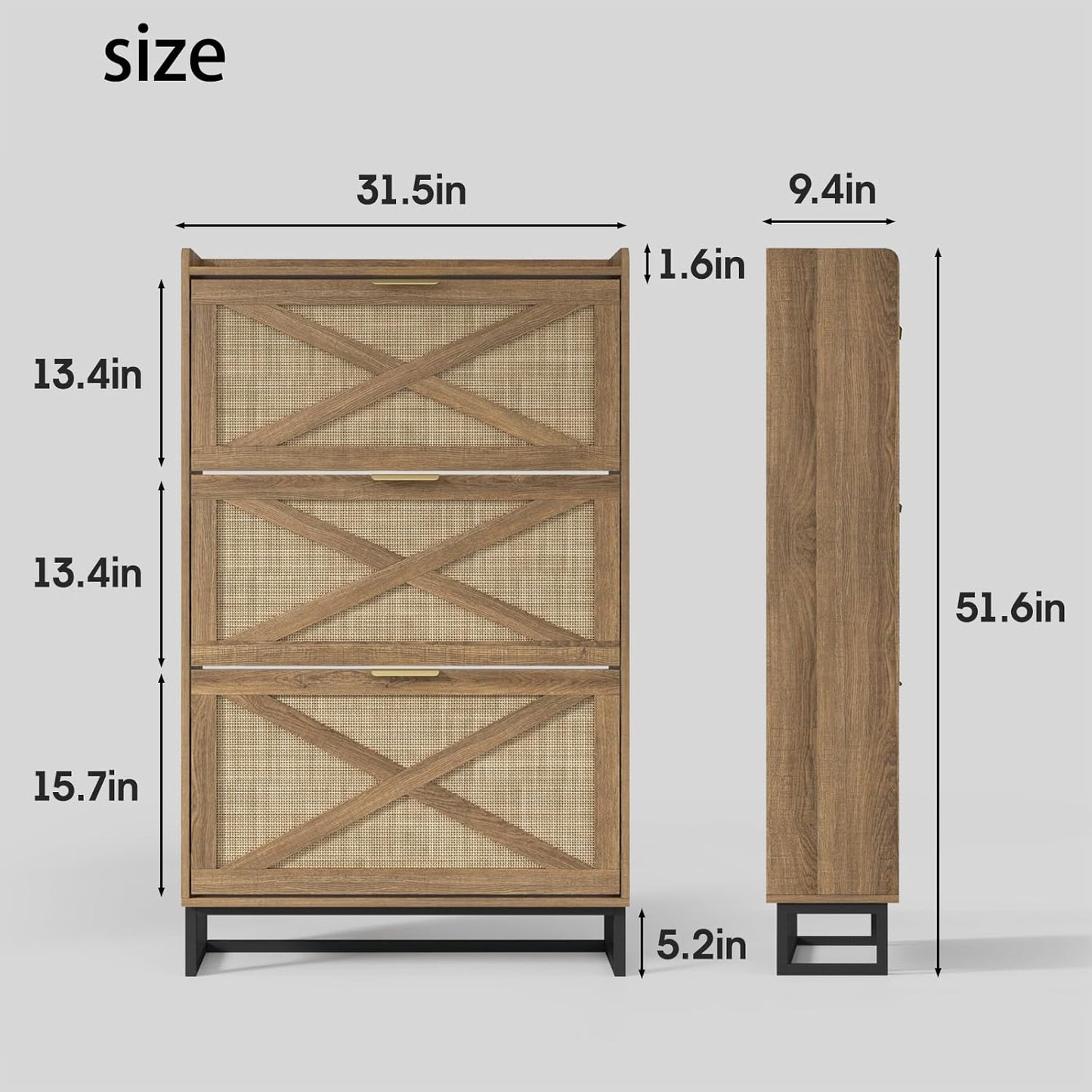 Maupvit Shoe Storage Cabinet with 3 Rattan Flip Drawers, Freestanding Organizer with Metal Legs for Entryway, Narrow Shoe Rack Cabinet, Hidden Golden Handles, Rustic Oak Rattan