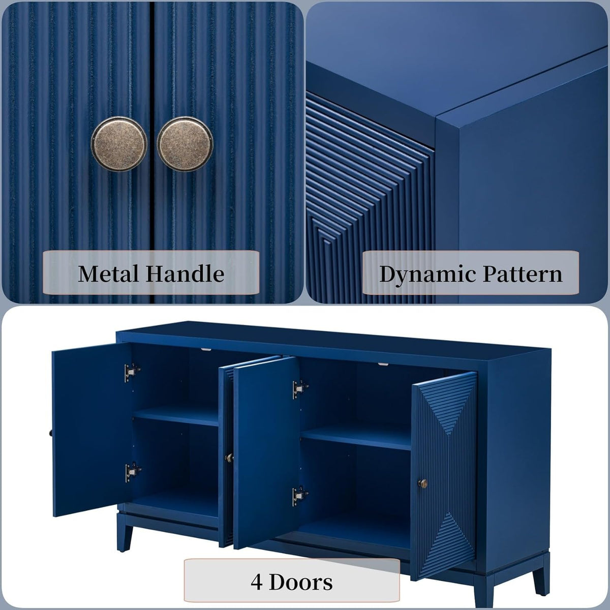Merax 60" Sideboard Buffet Storage Cabinet with 4 Doors and Adjustable Shelves, Modern Wooden Accent Fluted Credenza Console Table for Kitchen, Dining, Living Room, Coffee Bar, Entryway, Navy Blue