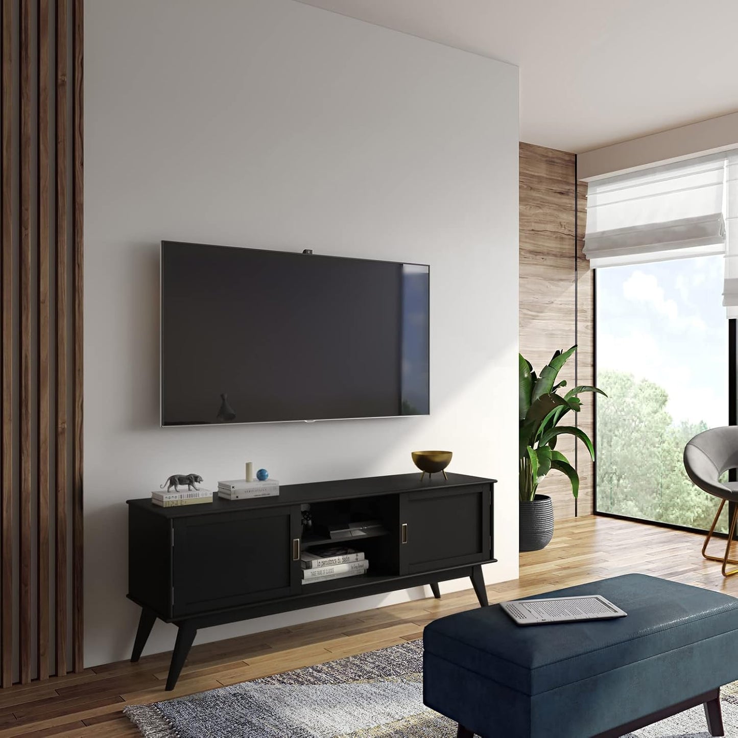 SIMPLIHOME Draper SOLID HARDWOOD 60 inch Wide Mid Century Modern TV Media Stand in Black For TVs up to 65 inches for the Living Room and Entertainment Center