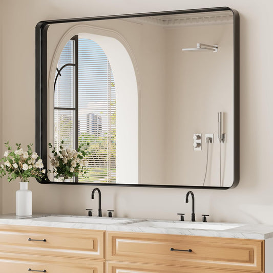 Koonmi Black Bathroom Mirror for Wall, 36x48 Inch Matte Metal Deep Framed Rounded Corner Wall Mirror, Shatterproof Tempered Glass for Farmhouse Bedroom Entryway, Vertically or Horizontally
