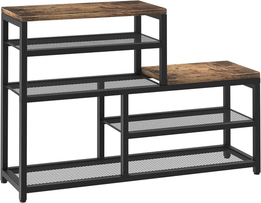 Shoe Rack Bench Shoe Storage Organizer with Seat, 5-Tier Industrial Free Standing Shoe Rack for Entryway, Narrow Shoe Rack Organizer Shelves for High Heels, Entryways, Hallways, Closets,Brown