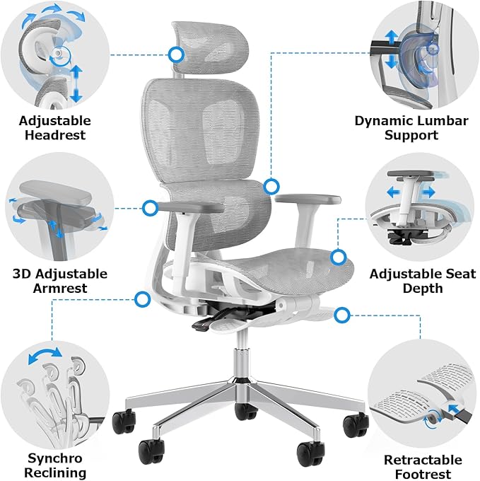 PatioMage Ergonomic Office Chair, Big and Tall Desk Chair with Adjustable Lumbar Support & Seat Depth, High Back Computer Chair, Swivel Mesh Chairs with Wheels for Home Office, White