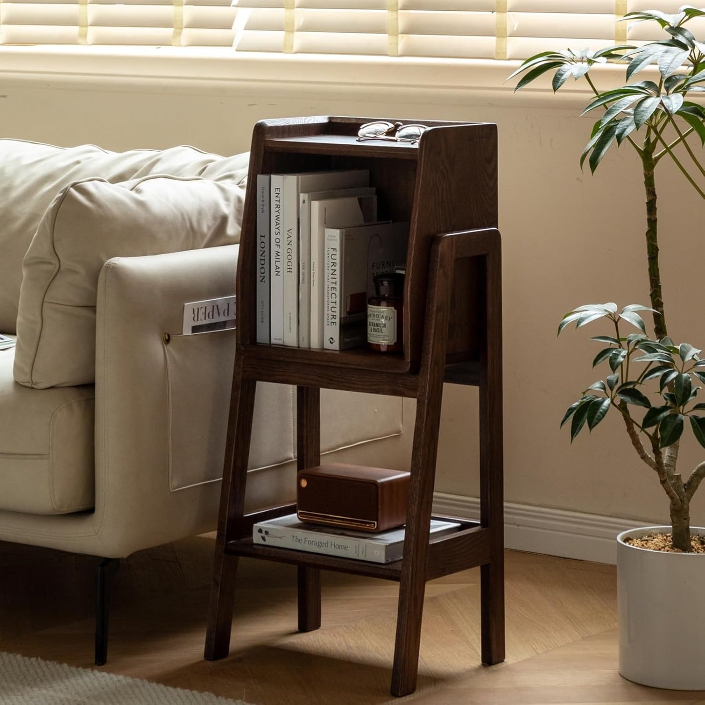 100% Solid Oak Ladder Shelf with Cabinet, 32.67" Tall Nightstand with Stable Frame for Bedroom, Small Bookcase for Living Room Nursery(Walnut, Fully Assembly Furniture)