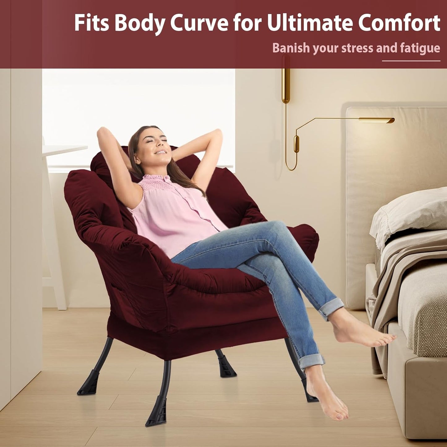 Lazy Chair Thick Padded, Comfy Velvet Accent Lounge Chair with Stable Frame, Leisure Sofa Armchair with Armrests and Side Pocket, Reading Chair for Bedroom, Living Room, Office, Burgundy
