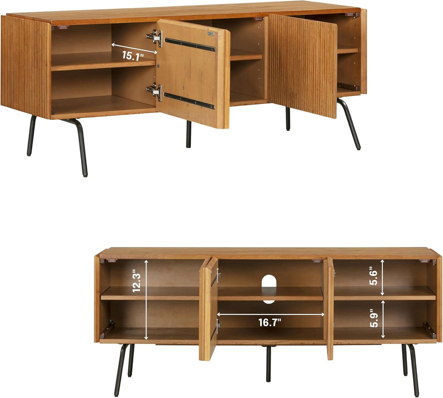 NTC Veil TV Stand with 3 Doors for TVs up to 60’’, Media Console with Vertical Groove Design and Metal Legs, Modern Entertainment Center for Living Room and Bedroom, Effortless Assembly, Teak Look